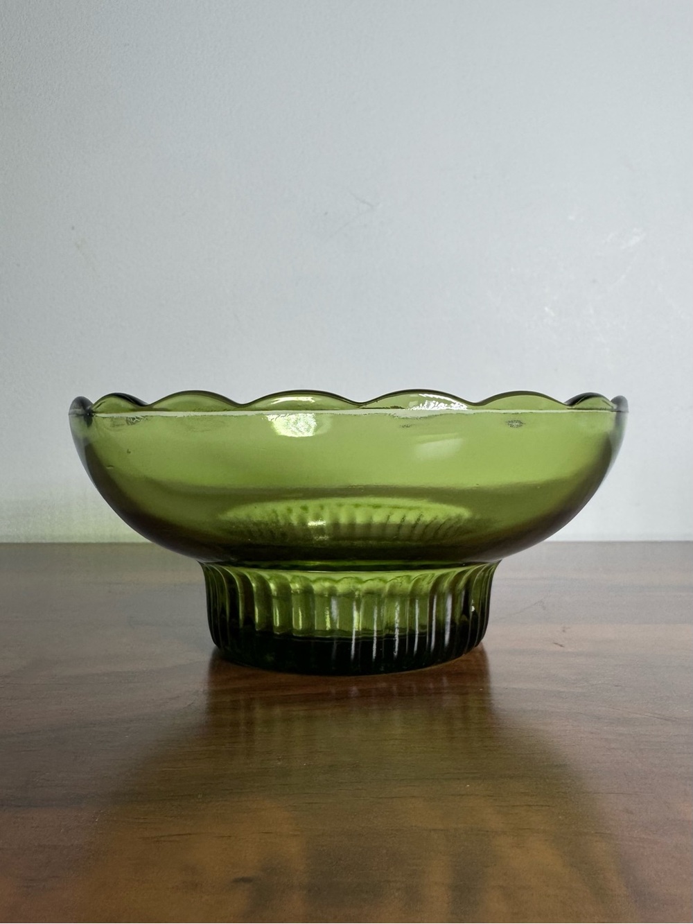 Vintage EO Brody Olive Green Glass Bowl Scalloped Pedestal MCM